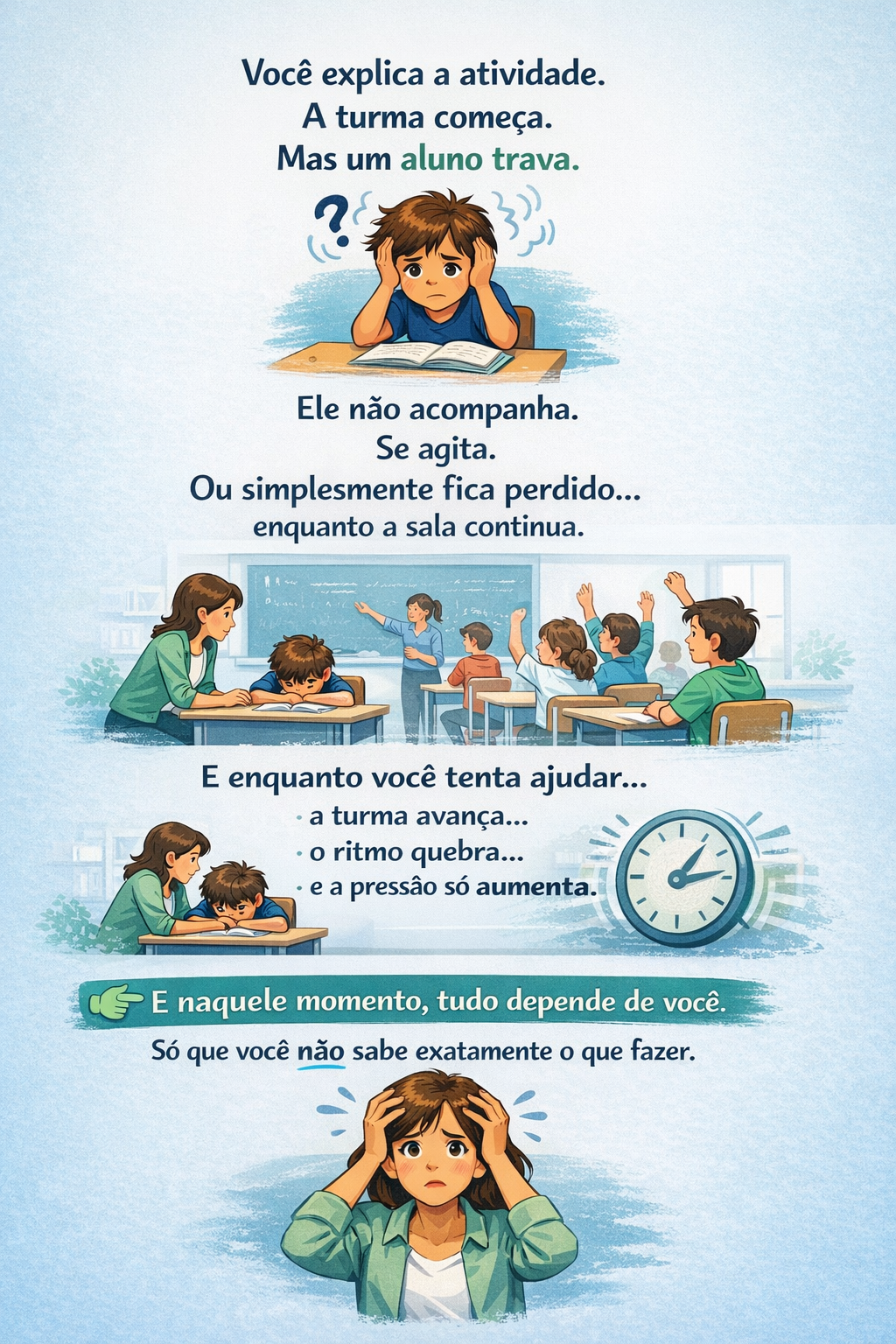 Você explica a atividade. A turma começa. Mas um aluno trava...